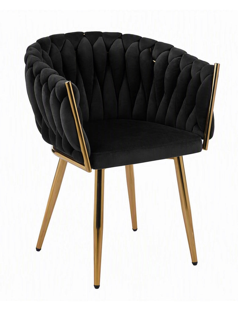 Poltrona Con Schienale In Velluto Intrecciato Design Moderno, Sedia Imbottita Circolare con Gambe in Metallo Placcato Oro Poltroncina Sala Pranzo Camera Salotto Cucina con Seduta Morbida Nero