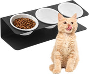 Piattaforma alimentare per animali domestici, alta, 3 ciotole in ceramica, 250 ml, con supporto metallico inclinato a 15°, beccucci per acqua e cibo, piatti alti per cuccioli e gatti, anti-medio, nero