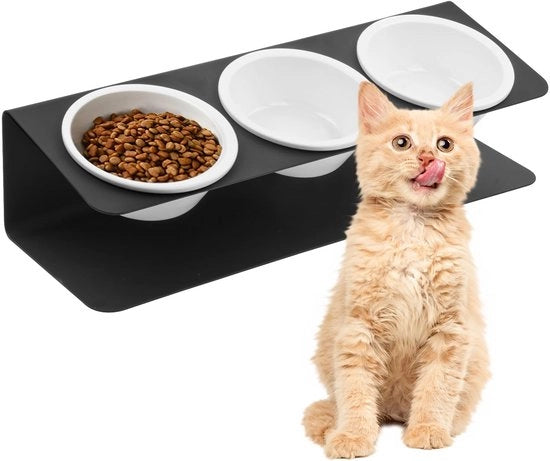 Piattaforma alimentare per animali domestici, alta, 3 ciotole in ceramica, 250 ml, con supporto metallico inclinato a 15°, beccucci per acqua e cibo, piatti alti per cuccioli e gatti, anti-medio, nero