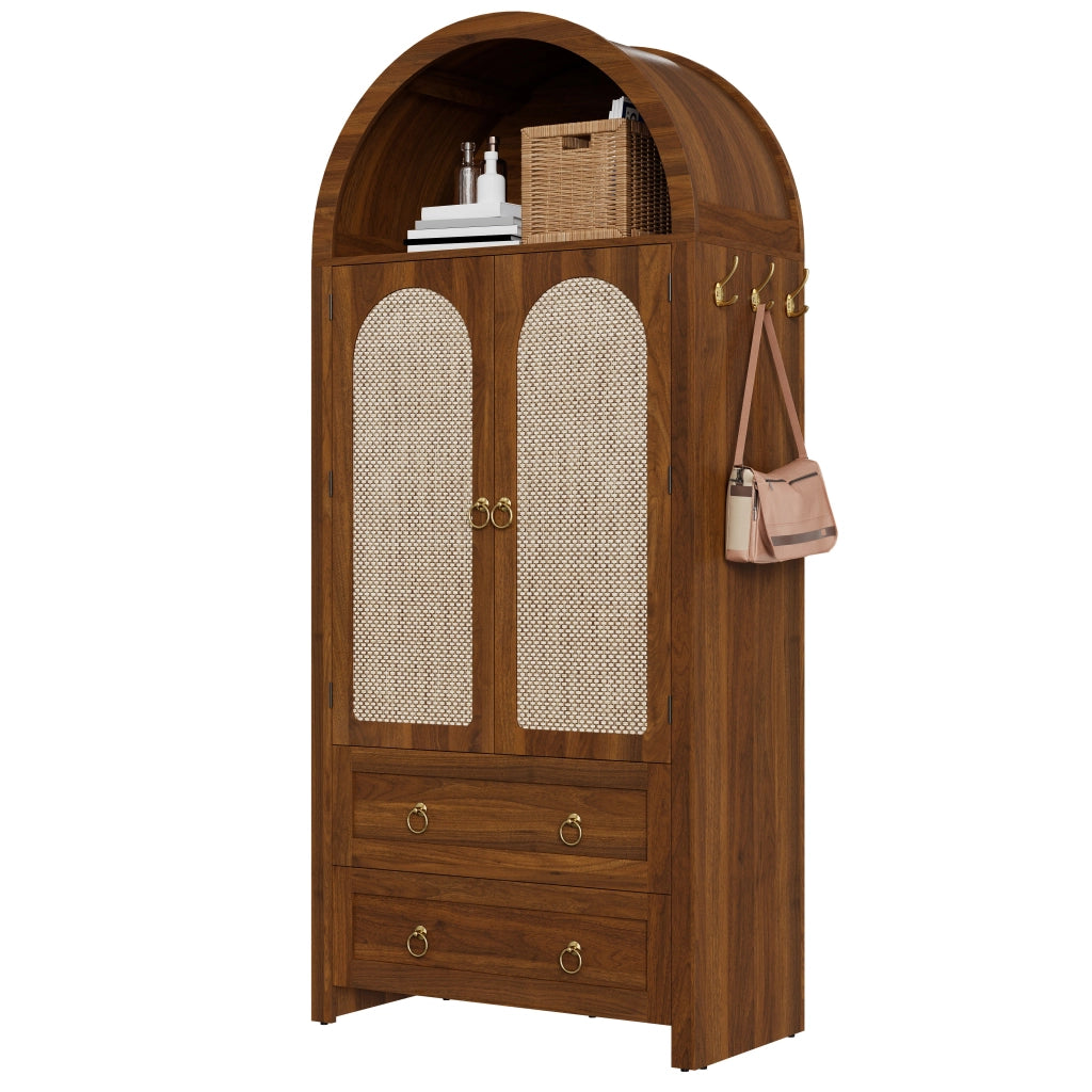 Credenza con 2 Cassetti e Ante in Rattan; Ripiani Regolabili; Stile Vintage; in MDF; 80??40??180 cm; Noce