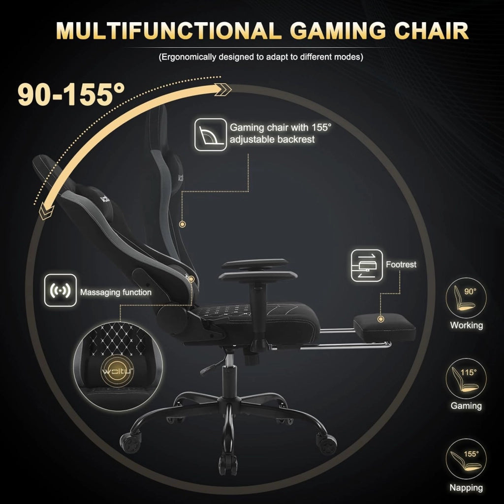 Sedia Gaming con Massaggiatore, Poltrona Ufficio Ergonomica, Sedia da Scrivania reclinabile, Poggiatesta,Supporto Lombare, 150 kg, Tessuto tecnologico, Nero+Grigio