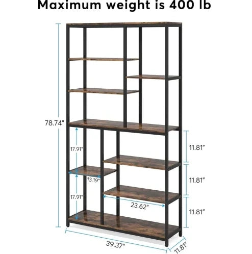 Libreria 100x30x200 cm nera e marrone rustico, metallo con ripiani aperti