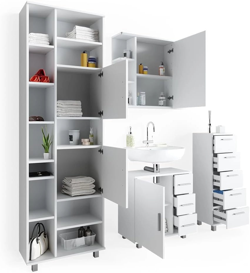 Set mobili bagno Ilias, Bianco, 60 cm, composto da mobile lavabo, pensile a specchio, colonna e base media