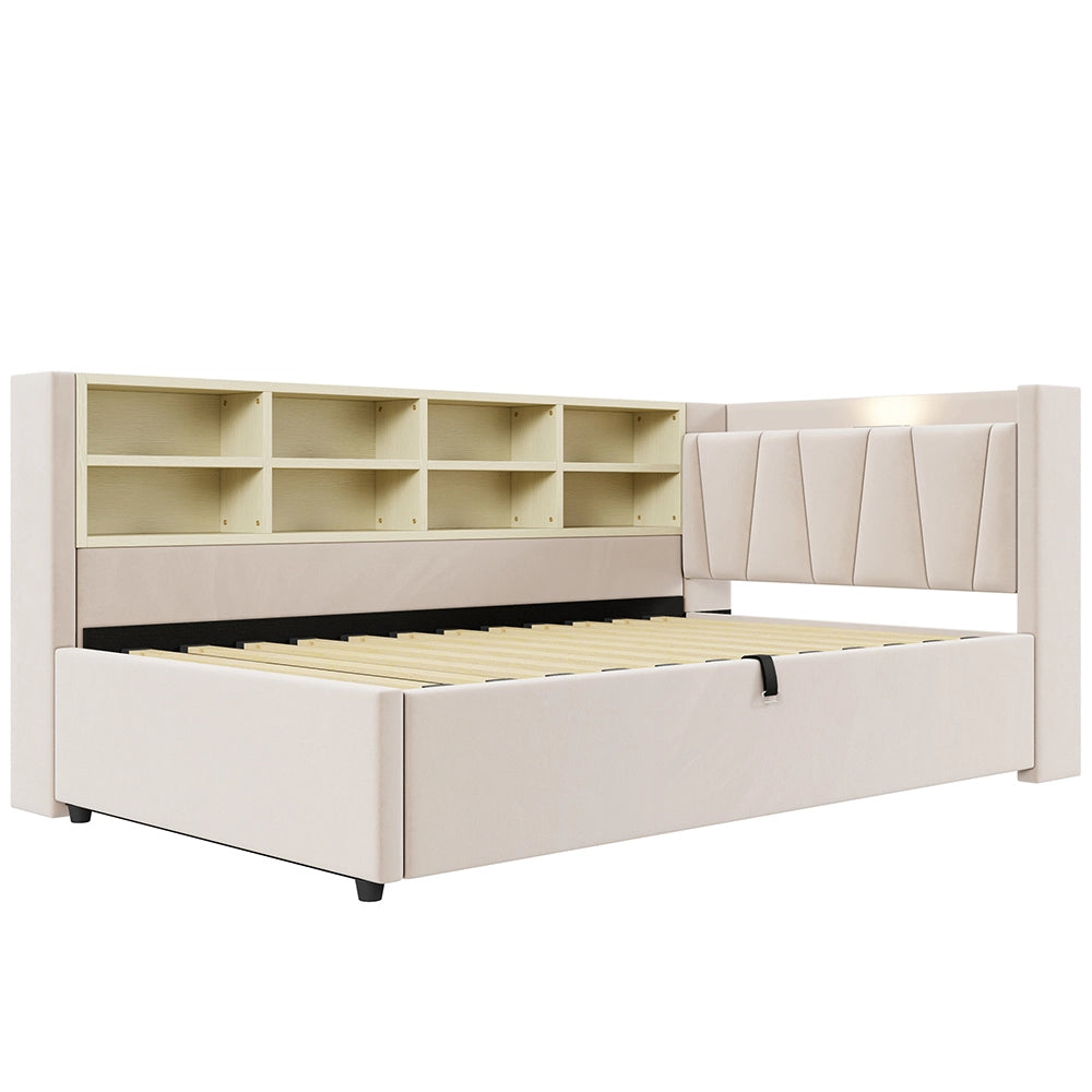 Divano letto-Xylo-90x200 cm-LED, USB-C, ripiani, velluto beige