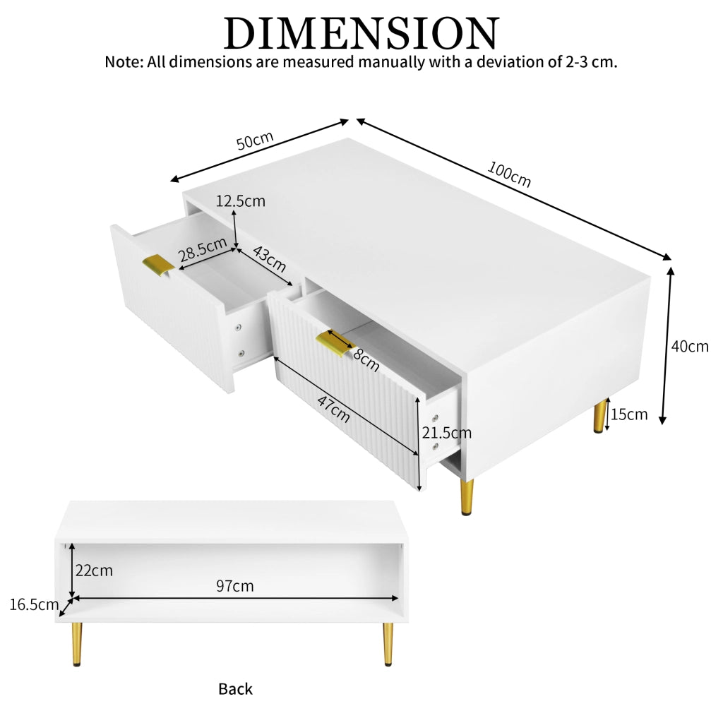 Tavolino basso con 2 cassetti e finitura a strisce verticali per soggiorno in MDF, bianco e oro, 100 × 50 × 40 cm