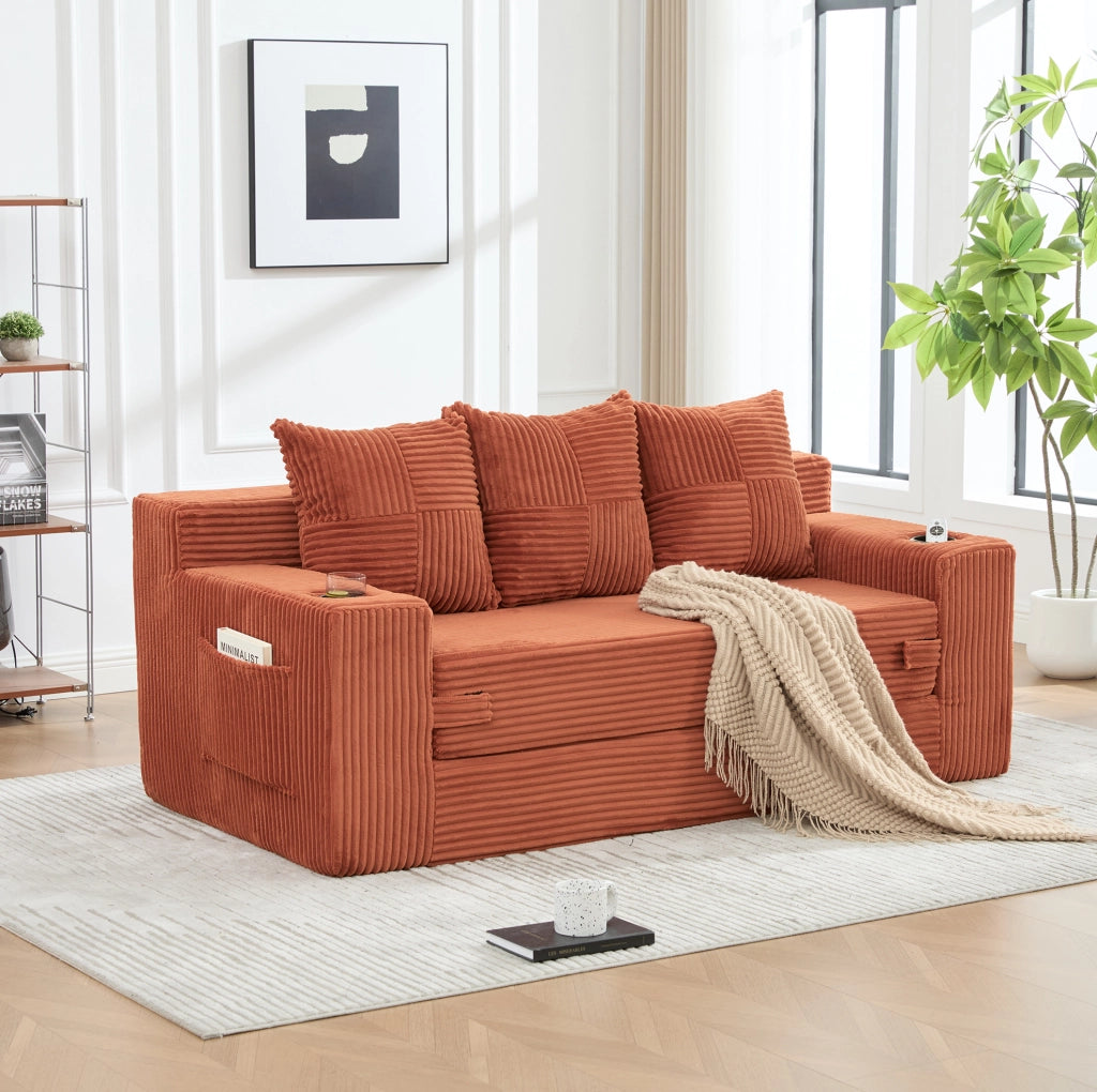 DIVANO MODULARE 2 POSTI a Pavimento 172x87x64 cm in Velluto a Coste Arancione