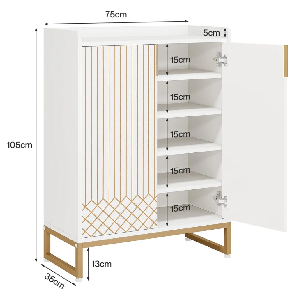Scarpiera a 5 ripiani in legno e metallo con 2 ante; bianco e oro