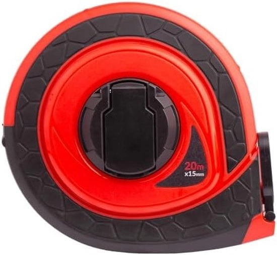 Misuratore di tubi in fibra di vetro 20m - Misuratore di tubi robusto - Manico pieghevole - Serraggio rapido del nastro di misura - Supporti di fissaggio in gomma antiscivolo - Cassetta in ABS resistente all'urto