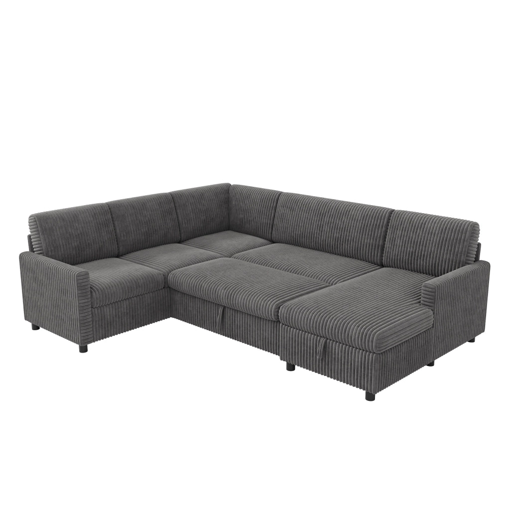 Divano letto angolare a U con contenitore e funzione letto in corduroy grigio