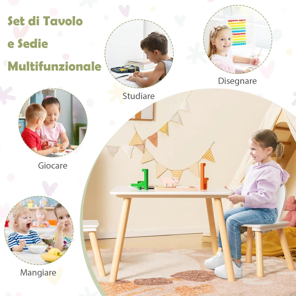 Set Tavolo e 2 Sedie per Bambini 3-6 Anni, Sedie Ergonomiche in Legno con Schienali a Forma di Orecchie di Coniglio, Portata 40kg, Salvaspazio, Ideale per Gioco e Disegno (Bianco)
