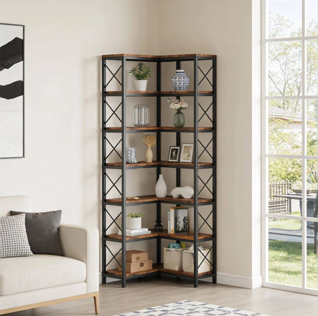 Libreria angolare 117x29x30 cm nera e marrone rustico in metallo e legno, 14 vani