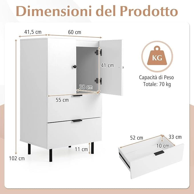 Credenza da Cucina, Armadio a 2 Ante con Cassetti e Mobile Contenitore, Mobile Cucina da Pavimento con Gambe in Metallo per Soggiorno e Appartamento, 60 x 41,5 x 102 cm (Bianco)