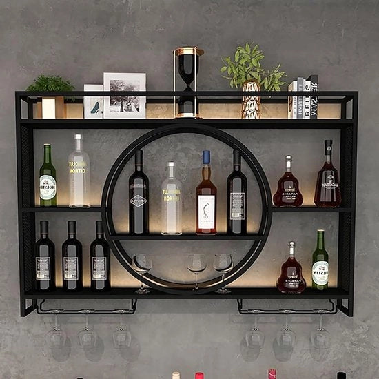 Wijnrek multifunzionale per installazione a parete - Flessenrek in acciaio e vetrino - Gestione vini per bar e cantine - Adatto per abitazioni - 140x15x80cm