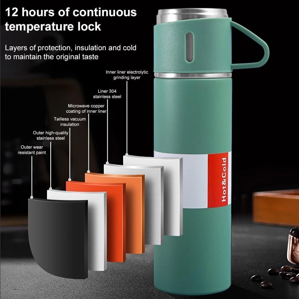 Trade Shop - Borraccia Termica 500ml In Acciaio Inox Con Tazza Manico Per Bevande Calde Fredde -