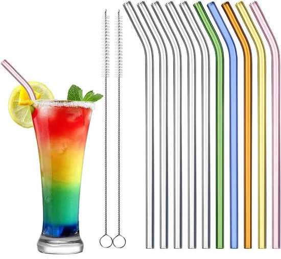 10 raccordi in vetro curvo riciclabili - 21,5 cm - resistente al lavastoviglie - per smoothie, milkshake e cocktail - inclusi spazzole per pulizia