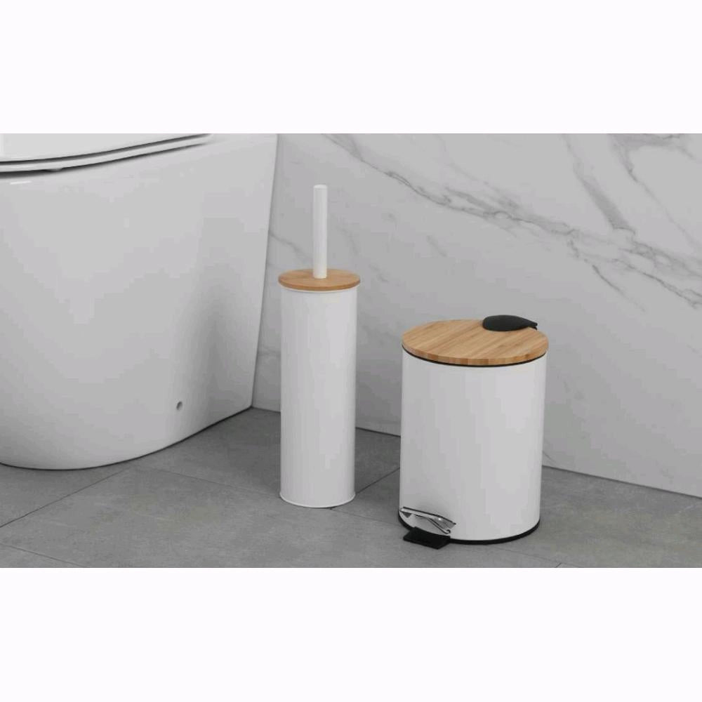 Portascopino per Bagno in Acciaio Colore Bianco Opaco e Bambù per WC