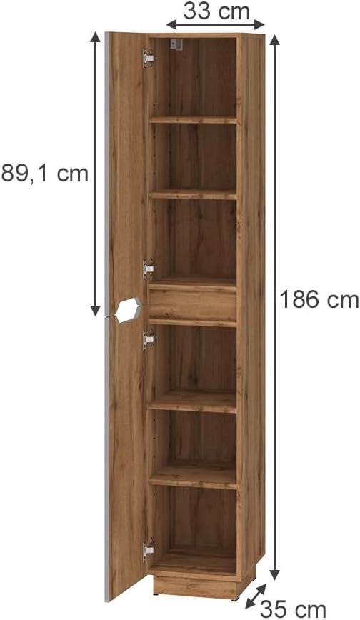 Armadio per il bagno Lotta, Rovere/grigio a righe, 33 x 186 cm con 2 porte