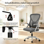 Sedia da ufficio girevole ergonomica con schienale reclinabile e braccioli pieghevoli in rete e schiuma grigia