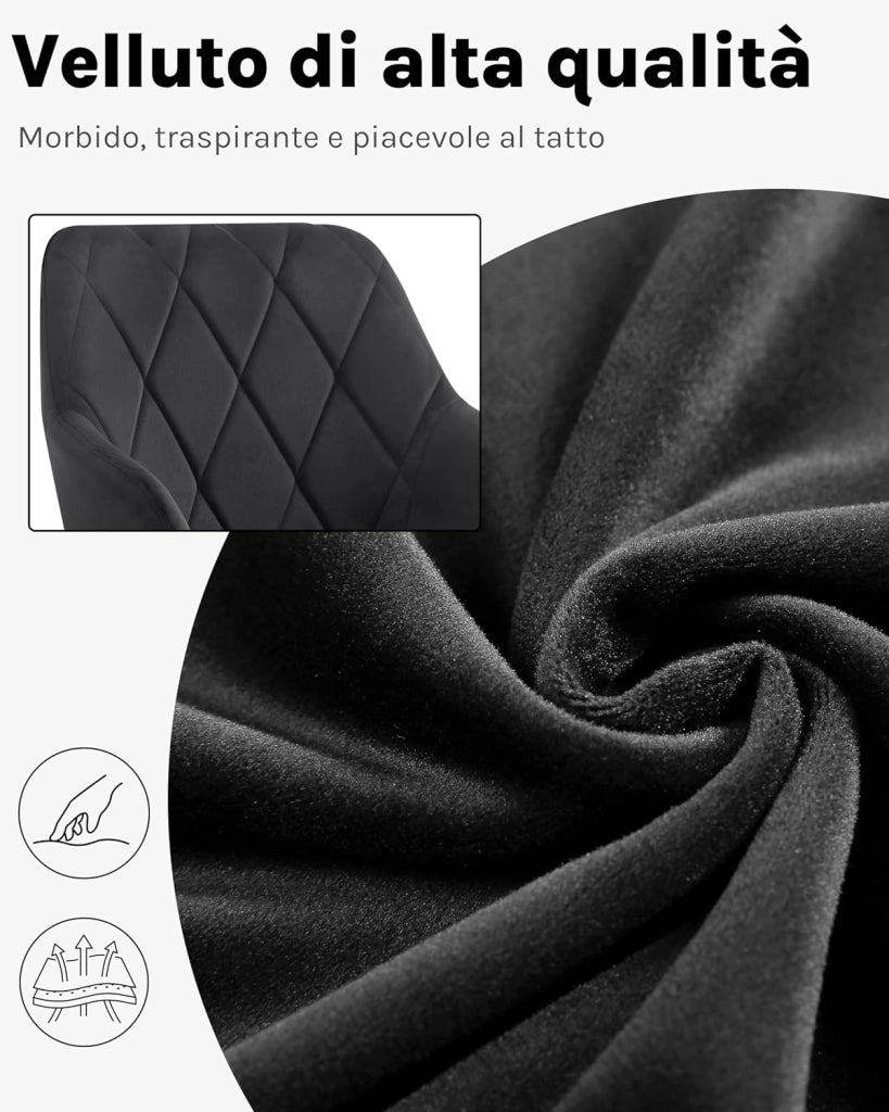 Set di 2 Sedie per Sala da Pranzo Imbottita, Poltroncina in Velluto,Sedia da Cucina con Braccioli e Schienale, Gambe in Metallo, Nero, BH352sz-2