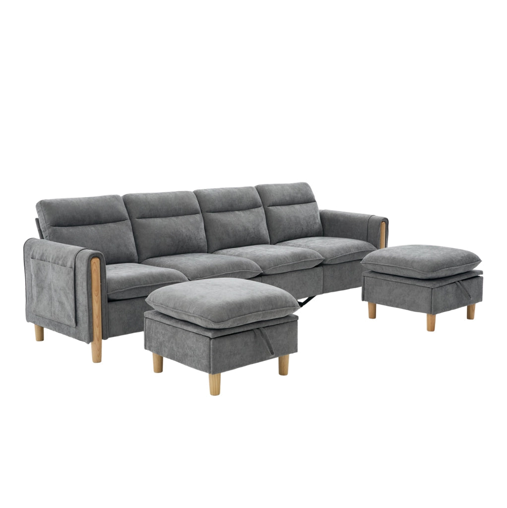 Divano modulare a U 261x77x86 cm in ciniglia grigio chiaro con contenitore –