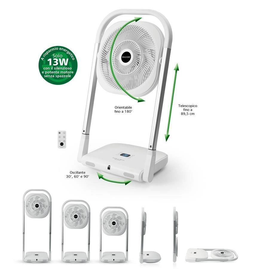 Macom 986 Slimmy Ventilatore a Piantana Pieghevole 9 Velocita' 13W Timer 8h Telecomando colore Bianco