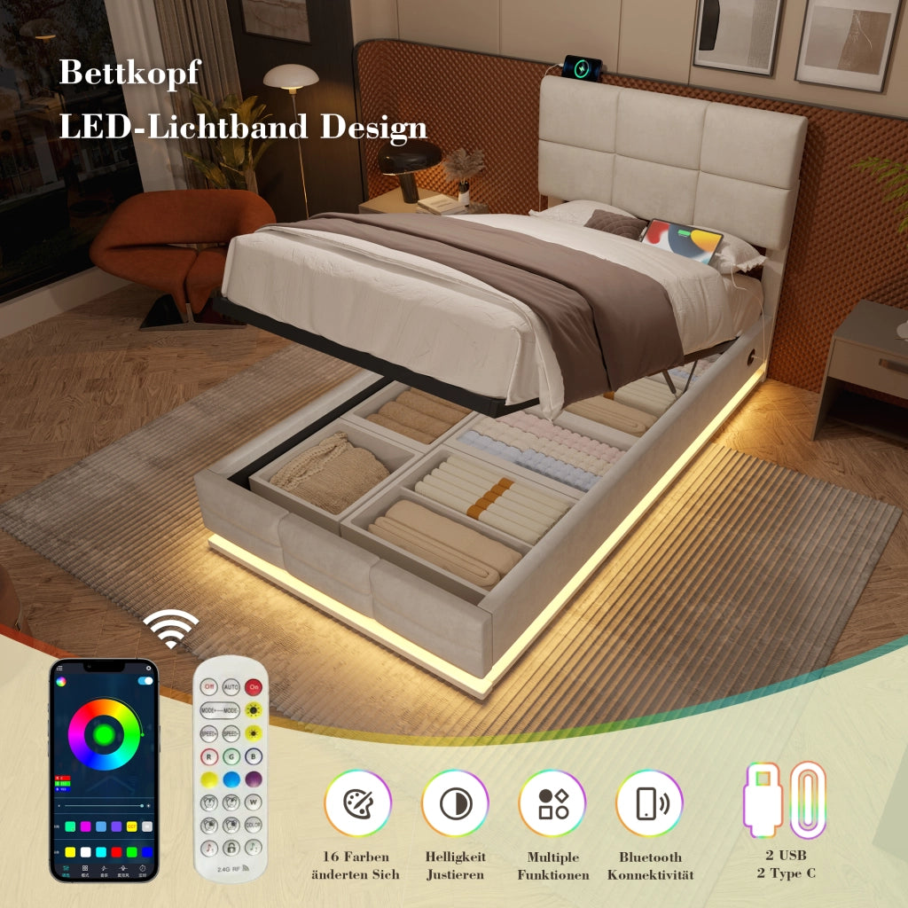 LETTO 90x200 cm in velluto beige con testiera regolabile e LED, senza materasso