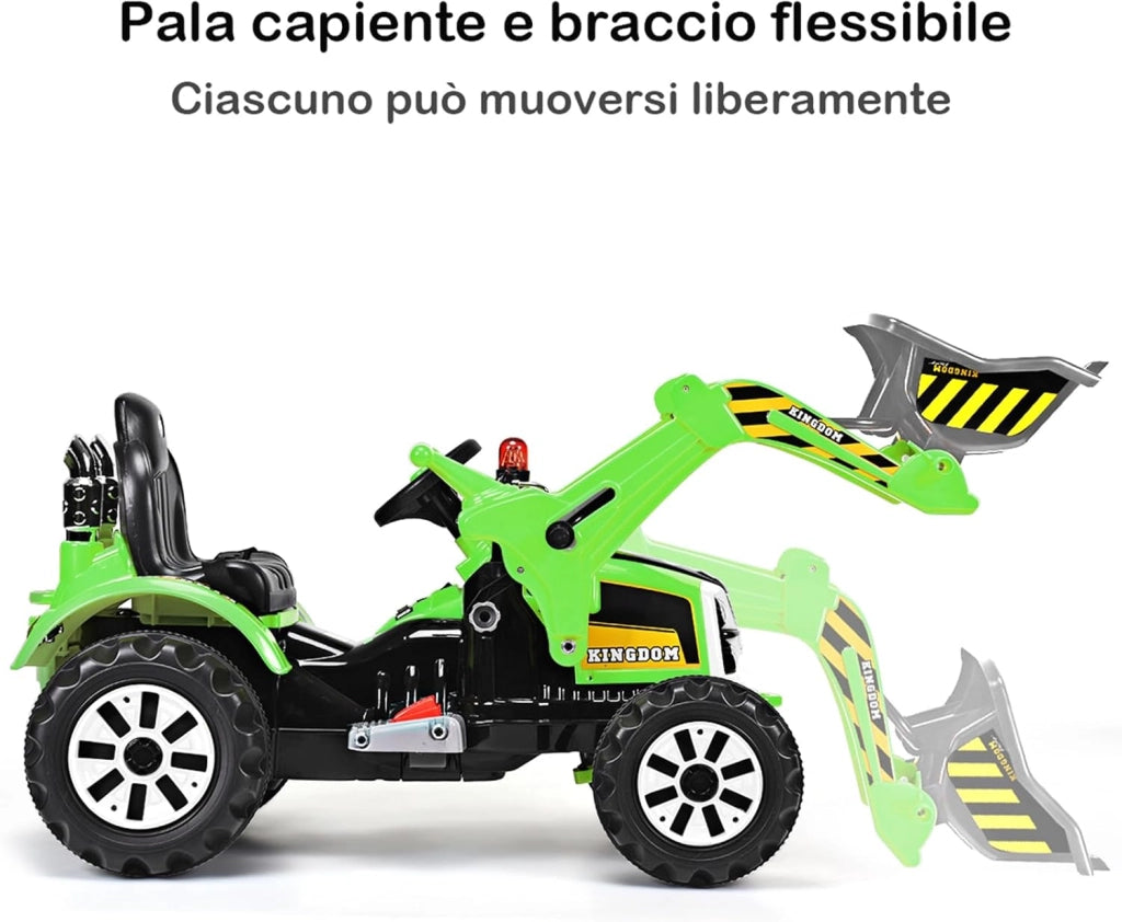 12V Veicolo di Ingegneria per Bambini, Macchina Giocattolo Grande, Escavatore Alimentato con 2 Velocità per Bambini 3-8 Anni, 149x62x74 cm (Verde)