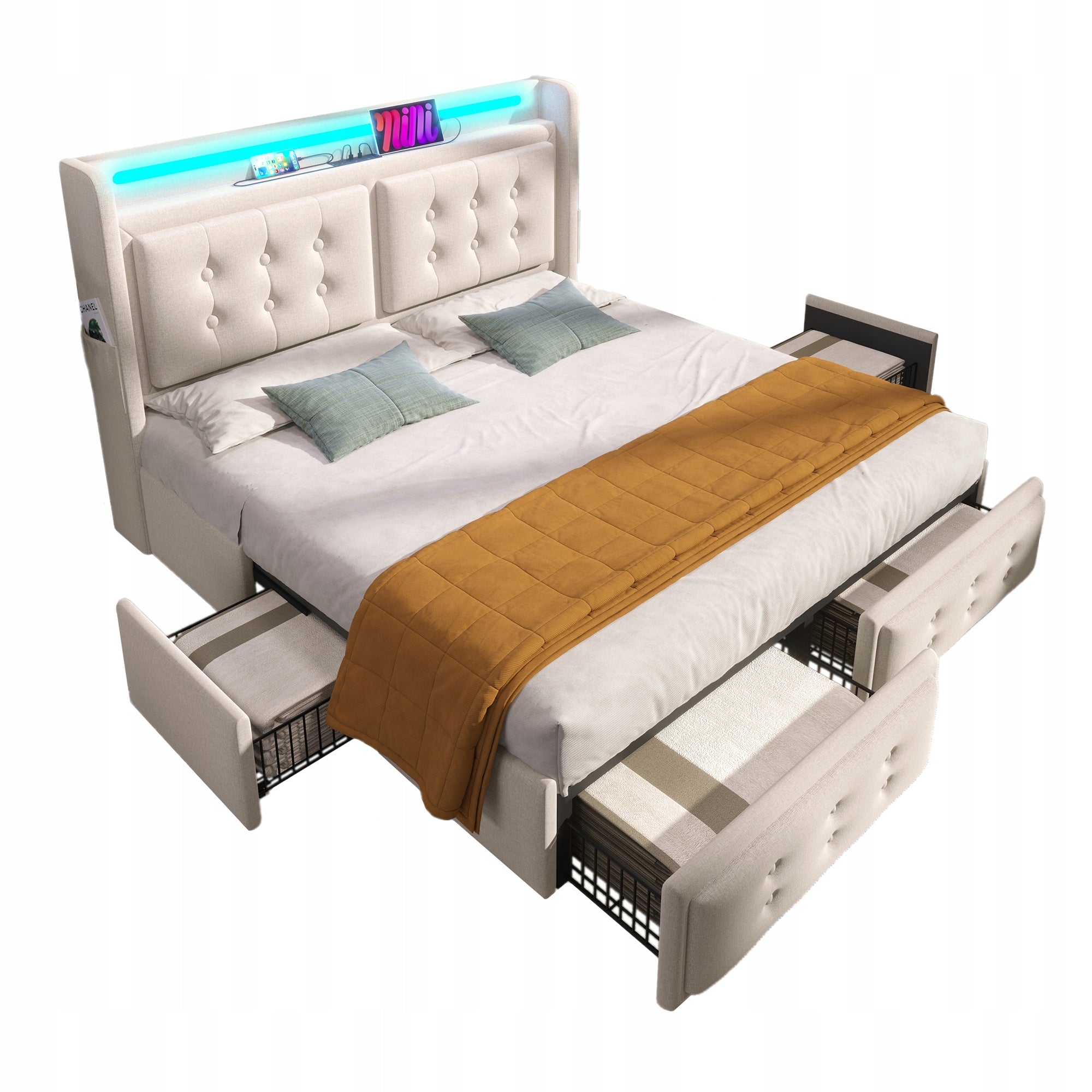 Letto imbottito 140x200 beige, cotone (con materasso) - Xylo