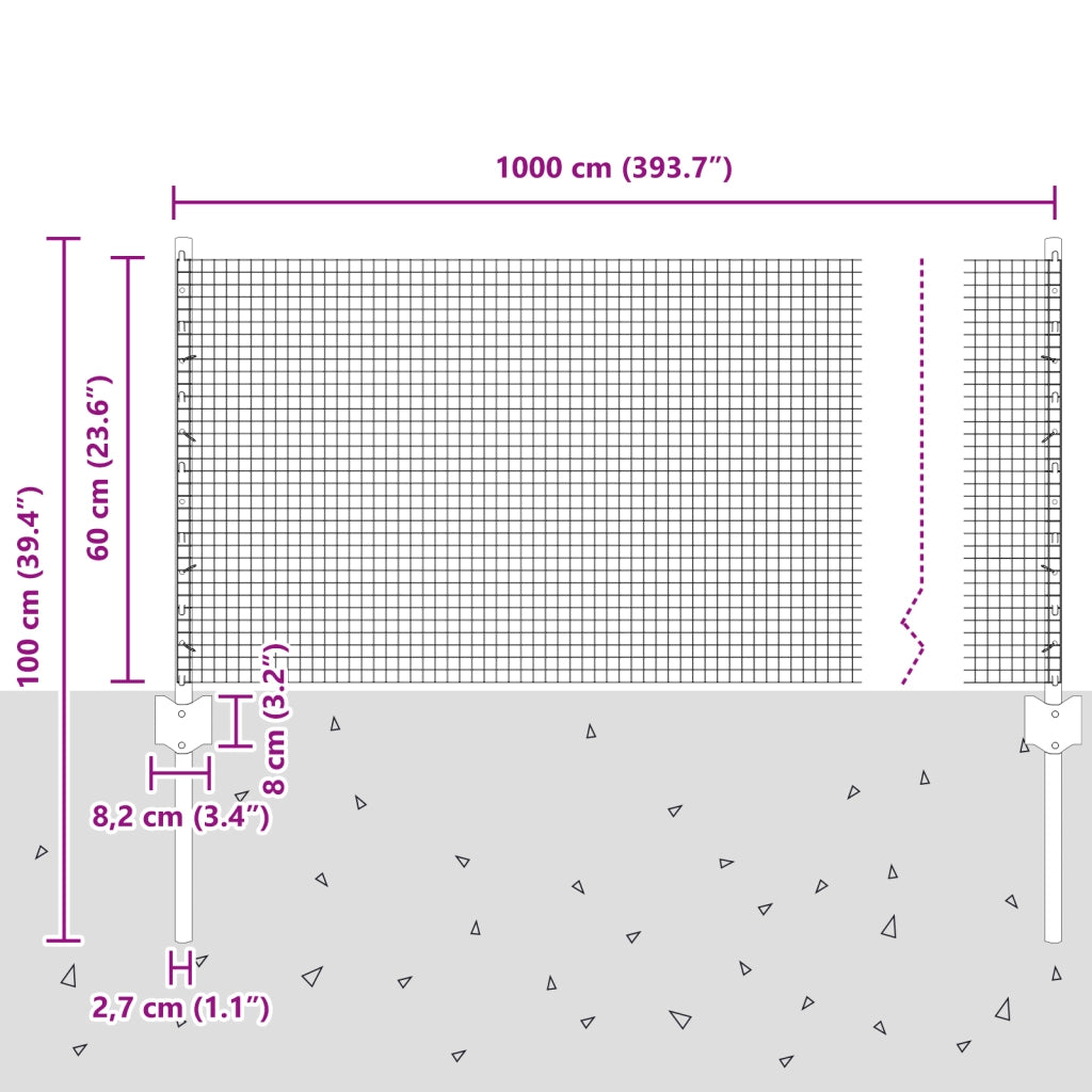 Recinzione in Filo Saldato con 5 Pali a U Argento 0.6x10 m Acciaio