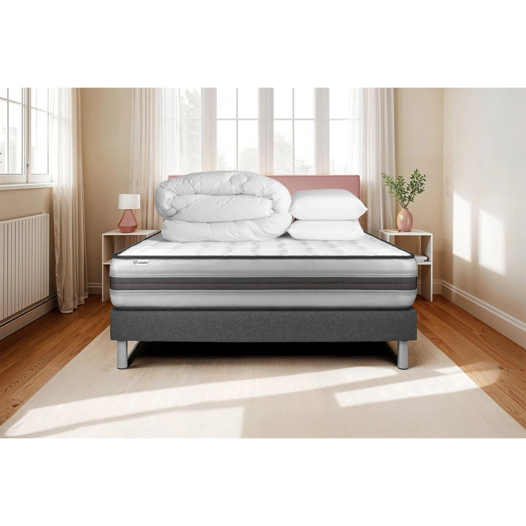 Pacchetto letto completo - Materasso 180x200cm + Box spring con doghe (in kit) + 2 cuscini + Piumino - Vitalpower Recover