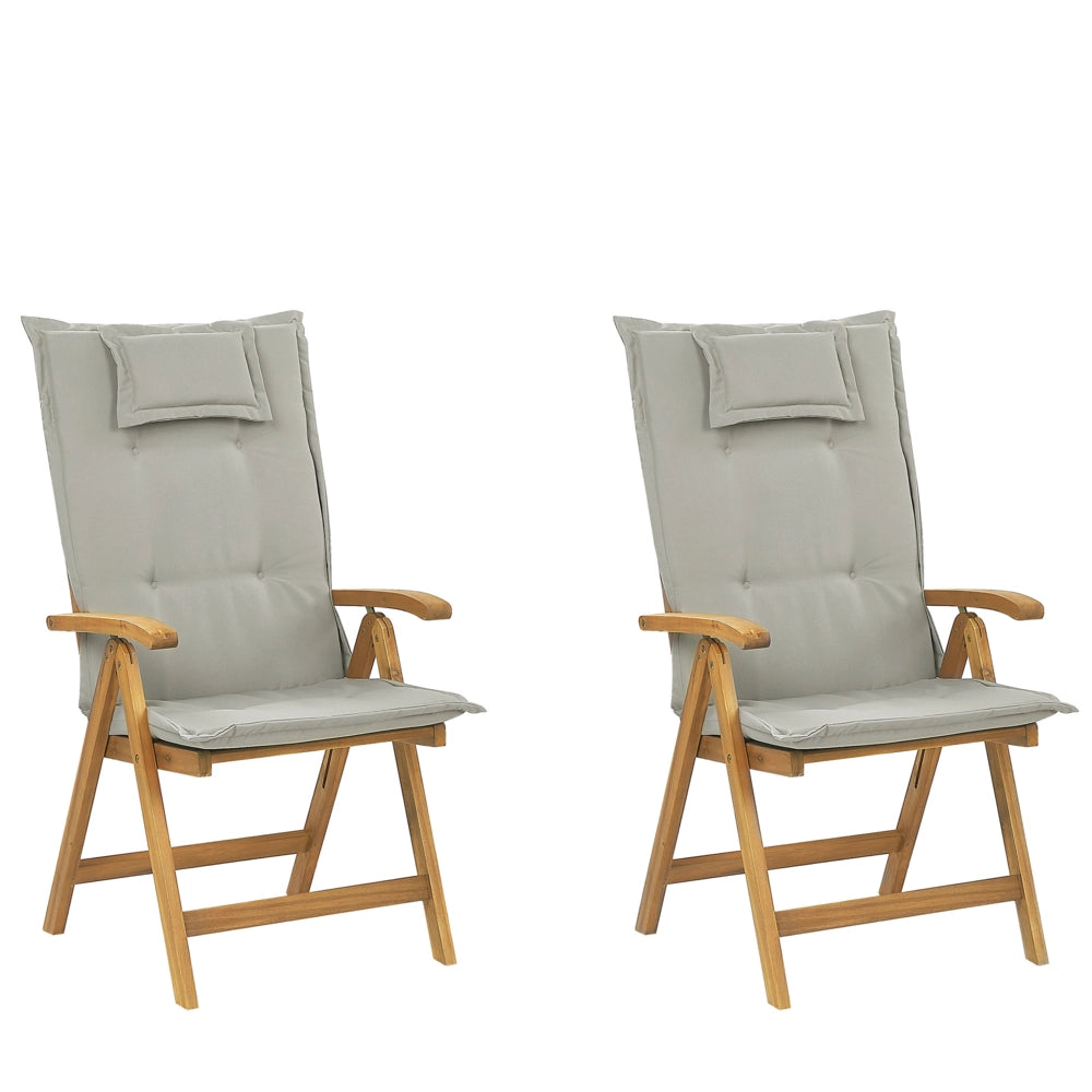 Set di 2 sedie da giardino in legno di acacia chiaro con cuscini color tortora pieghevole in stile rustico resistente ai raggi UV