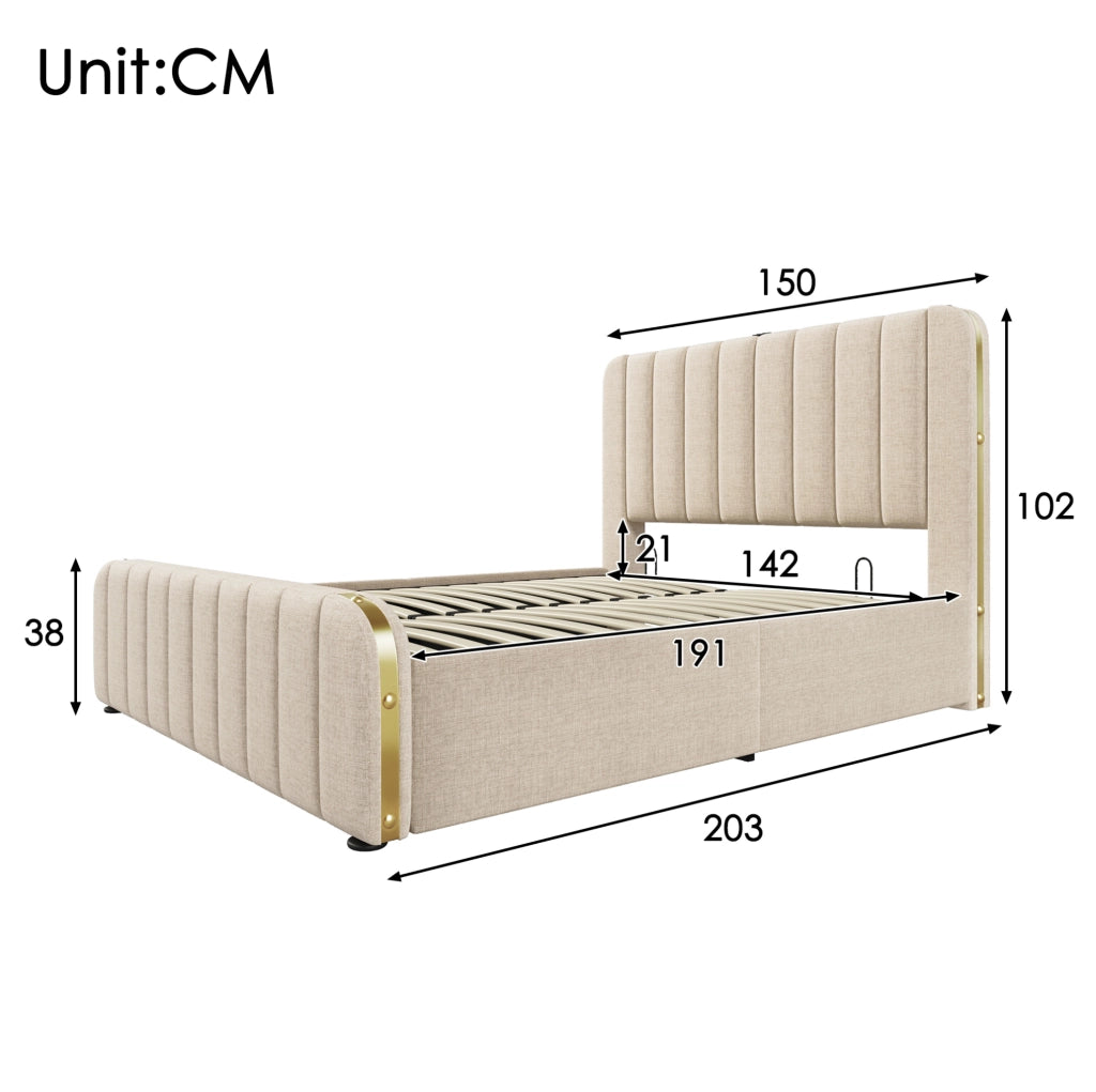 Letto imbottito 140x190 cm in lino beige, con contenitore, USB-C e LED