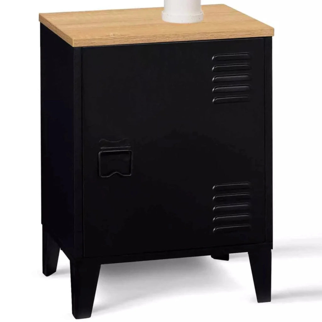 IDMarket - Comodino ESTER a 1 anta in metallo nero con piano in faggio in stile industriale