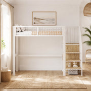 Letto a soppalco 90x200 cm in metallo con scala di sicurezza e armadio integrato, Bianco