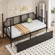 OKWISH Letto Divano 90×200 cm, Letto Singolo con 2 Cassetti, Schienale a Rete e Braccioli, senza Materasso, in Metallo, Nero