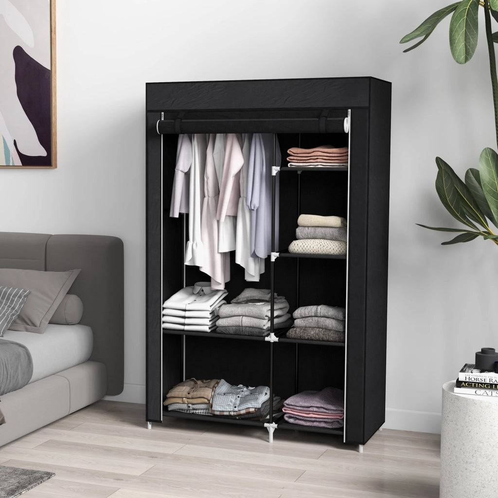 Armadio portatile in tessuto con 1 barra appendiabiti e 6 ripiani per camera da letto e lavanderia nero 103 × 43 × 162,5 cm
