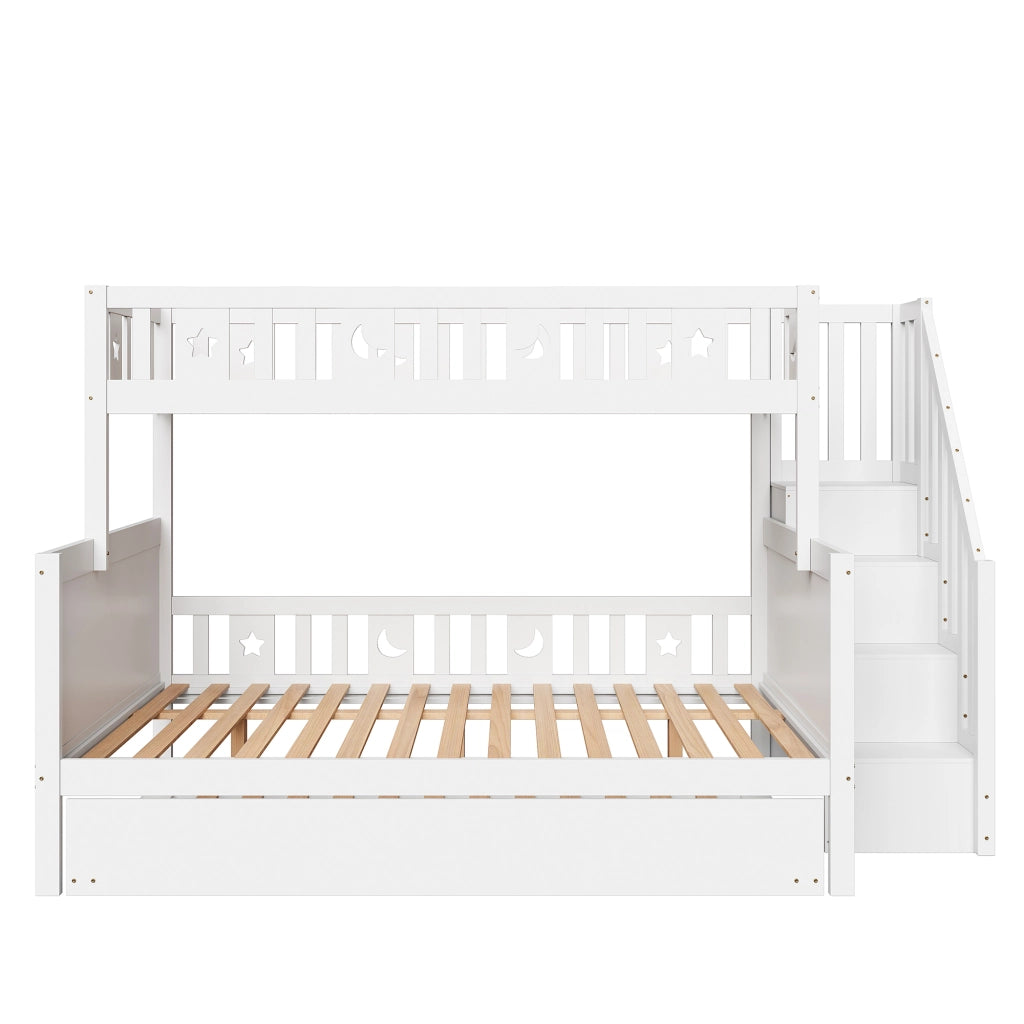 OKWISH Letto a Castello 90×200 cm e 140×200 cm, Letto 3 Posti con Scala Contenitore, Letto Estraibile e Sponde, senza Materasso, Bianco