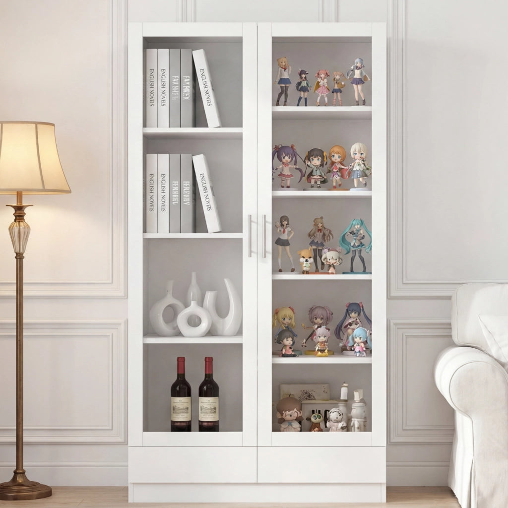Armadio vetrina bianco con 2 cassetti, ripiani regolabili e vetri temperati, 160x40x80 cm