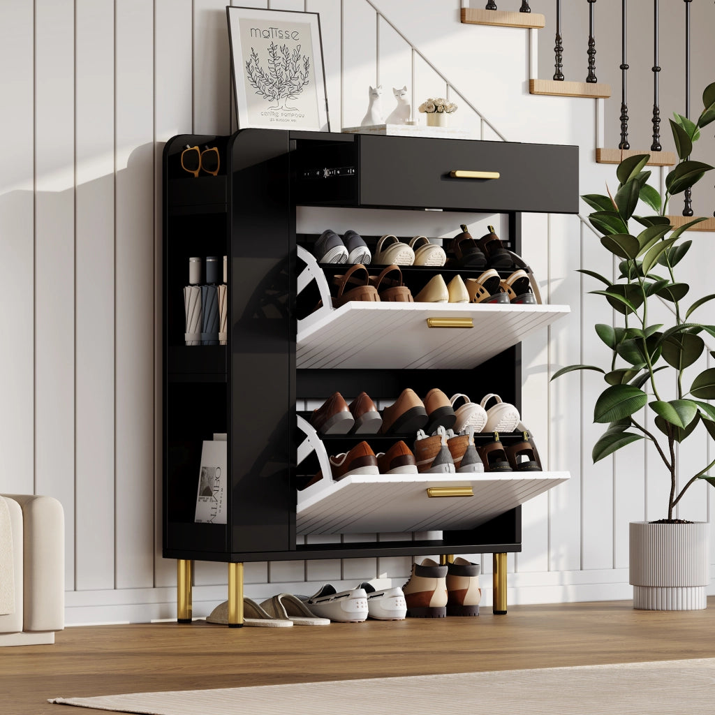 Scarpiera Slim con Ante, Cassetto e Ripiani ¨C MINIMAL ¨C Bianco/Nero, 80x24x105 cm