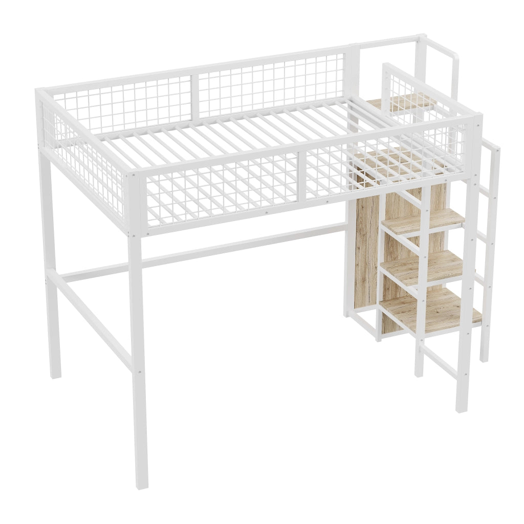 OKWISH Letto a Soppalco 140×200 cm, Letto Matrimoniale con Armadio, Mensole e Scala di Sicurezza, senza Materasso, in Metallo, Bianco
