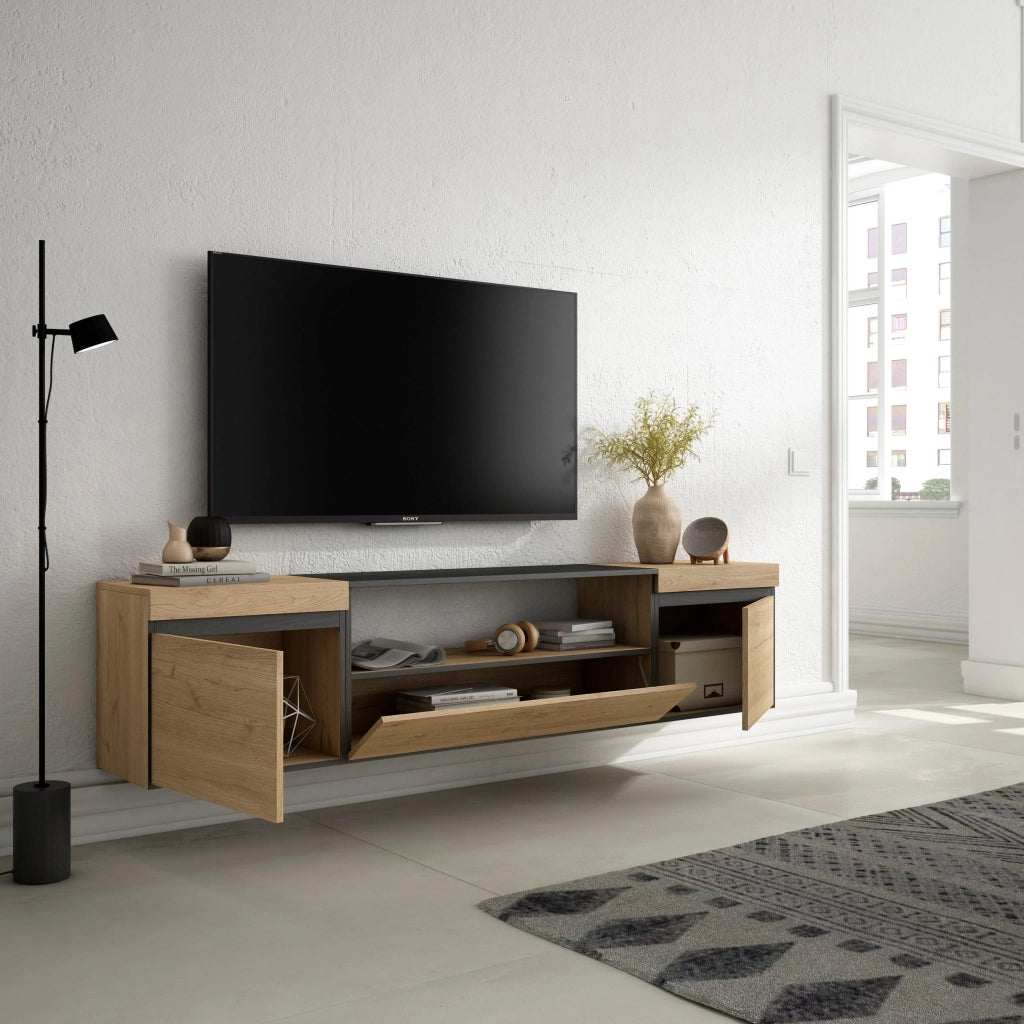 Mobile TV, 200x35x45cm, soggiorno, Per TV fino a 80", da appendere, colore Rovere e nero RF2150