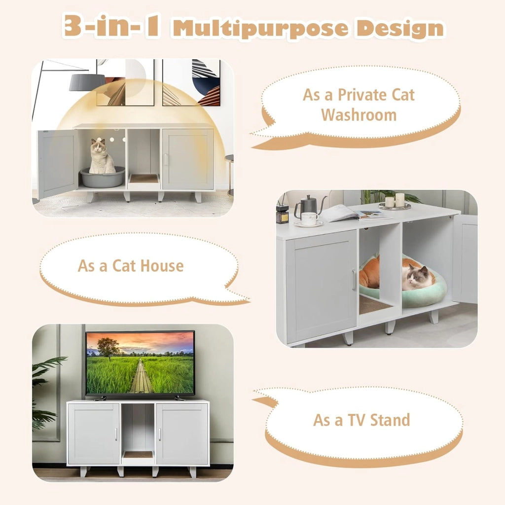 Mobile Lettiera per Gatti con 2 Ante, Armadio per Gatto in Legno con Ingresso Centrale e Tiragraffi, Grotta Rifugio Multiuso per Soggiorno e Camera da Letto, 120 x 52 x 65 cm (Grigio)
