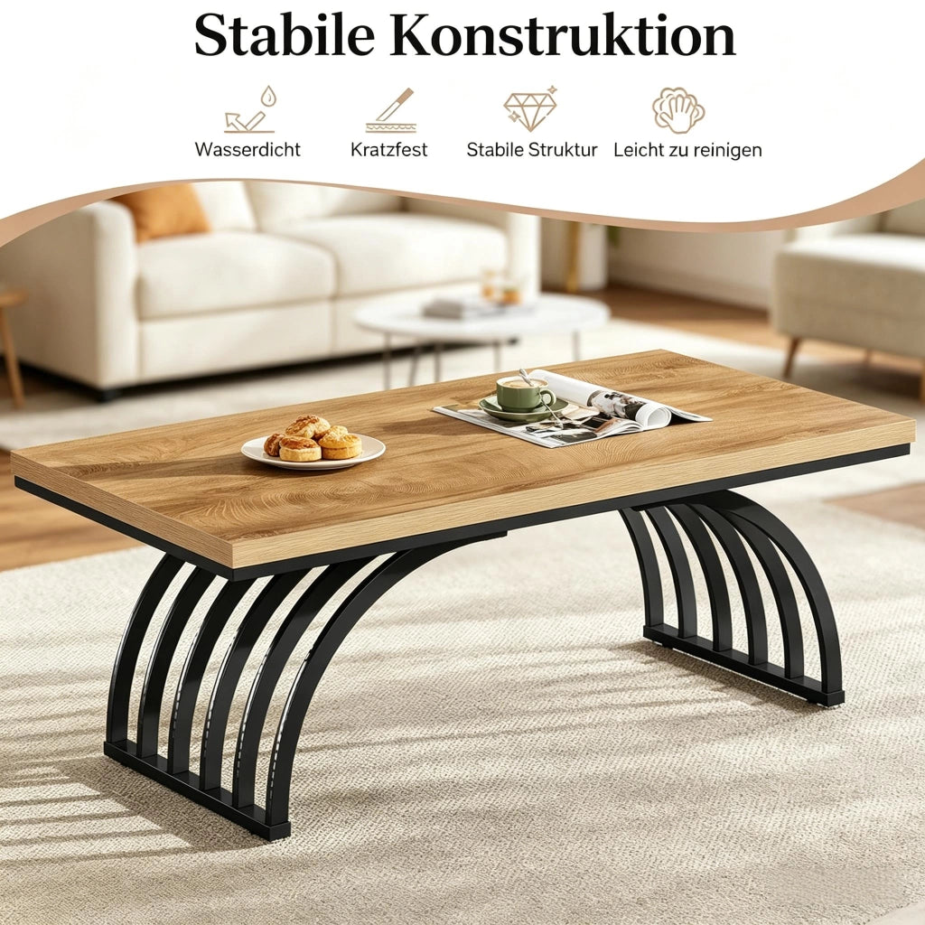 Tavolino basso con piano da 120 cm e struttura in metallo design aperto per soggiorno in metallo e legno nero marrone