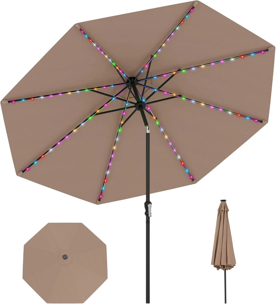 Ombrellone da Esterno 288 cm, con 96 Luci LED, Ombrellone Giardino con Inclinazione Regolabile, Manovella, 8 Stecche e Top Ventilato, Parasole da Mercato per Giardino Spiaggia (Marrone)