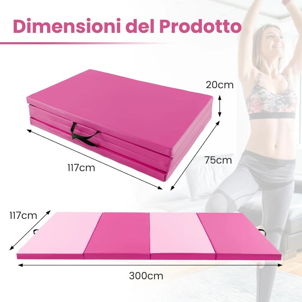Tappetino per Ginnastica Pieghevole a 4 Pannelli con Maniglie, 300 x 117 x 5 CM, Tappetino in Ecopelle con Chiusure a Strappo per Ginnastica, Yoga, Stretching & Capriole（Rosa)