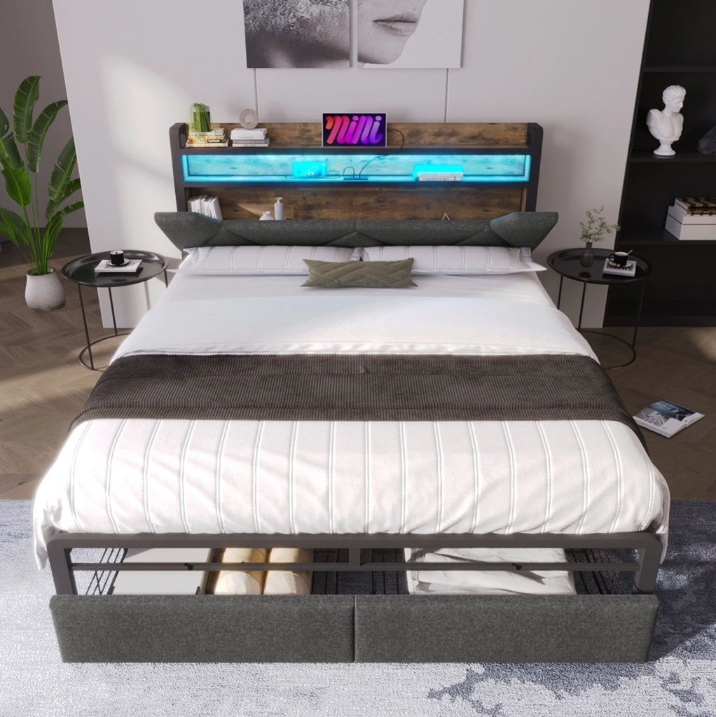 Letto matrimoniale 140x200 cm con LED; USB C; testiera contenitore e 2 cassetti; tessuto grigio