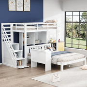 OKWISH Letto a Castello 90×200 cm e 140×200 cm, Letto 3 Posti con Contenitore, Mensole e Tavolino Mobile, senza Materasso, Bianco