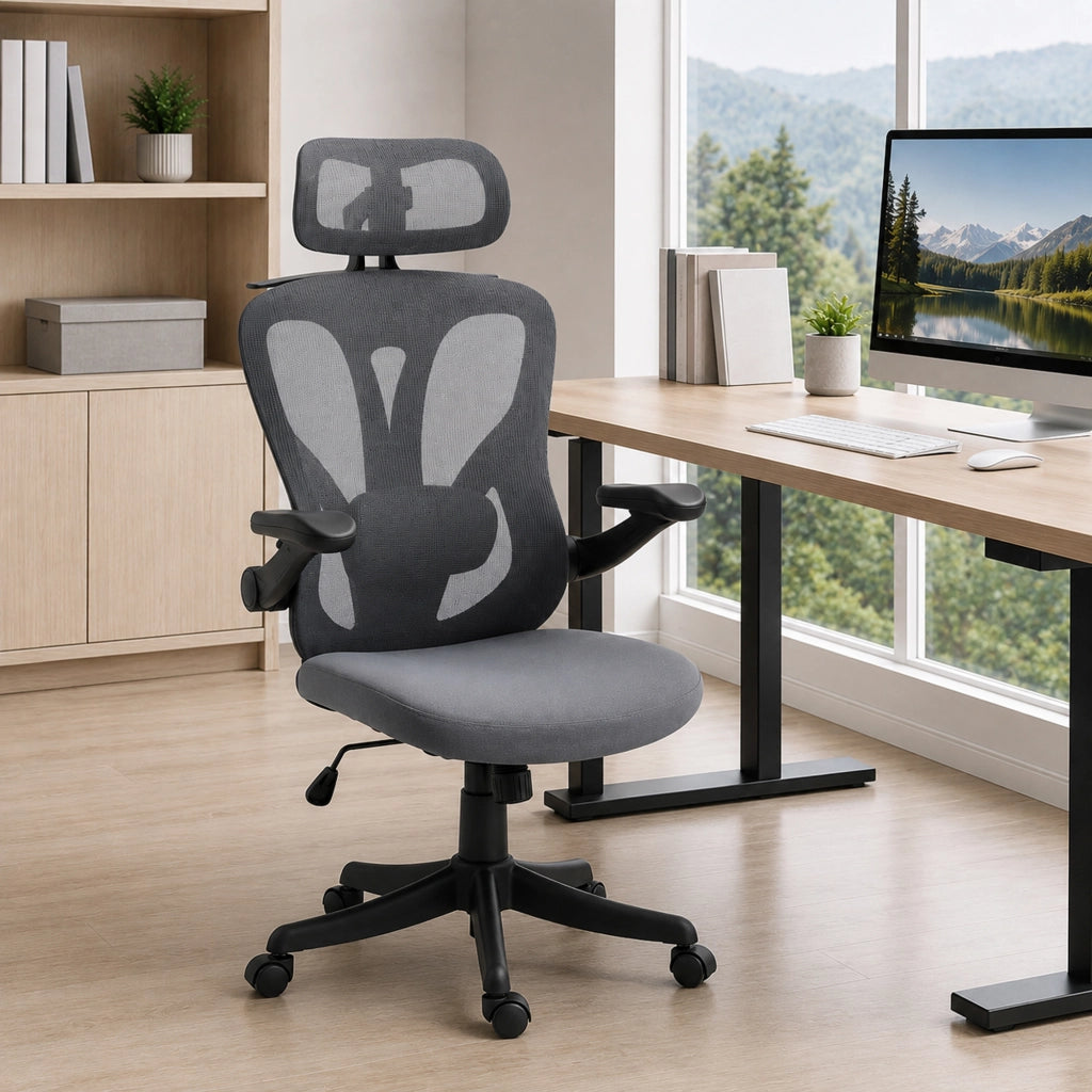 Sedia Ufficio Ergonomica, Braccioli Ribaltabili 3D, Poggiatesta 2D, Appendiabiti, in Rete, Grigio Scuro