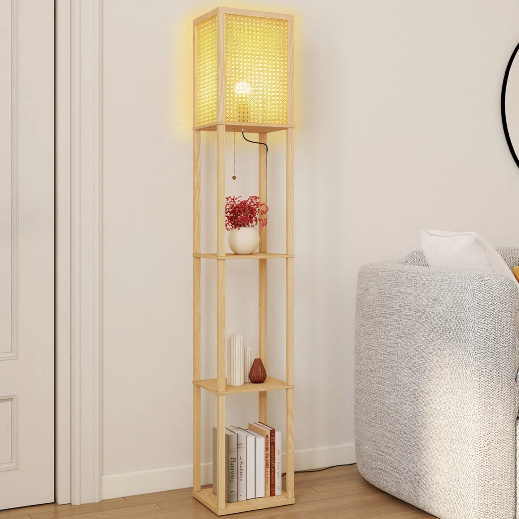 IDMarket - Lampada da terra naturale in legno chiaro con ripiani e paralume quadrato effetto canna da zucchero