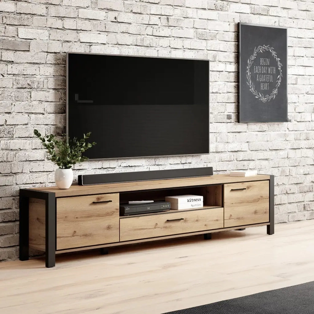 Mobile TV XL 210cm collezione TIVORA. Colore quercia e nero. 2 porte e 1 cassetto.